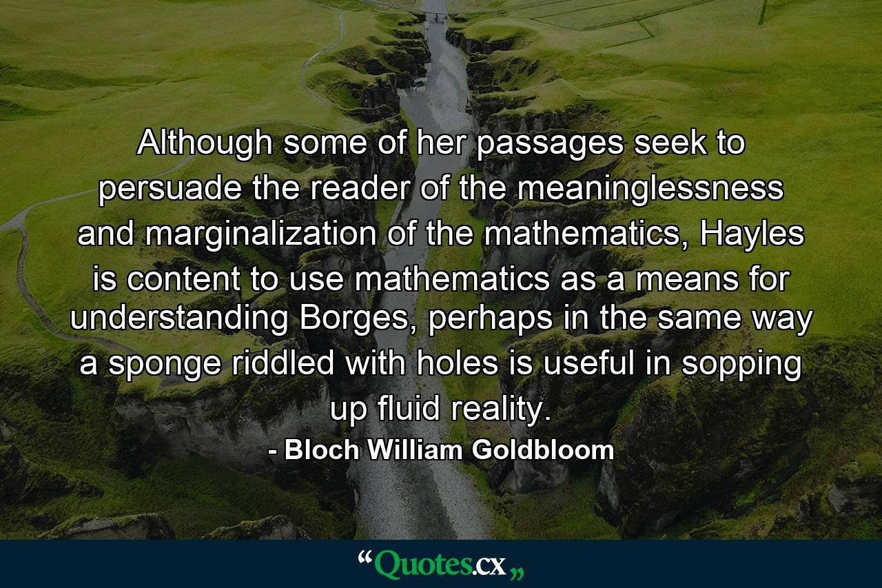 Although some of her passages seek to persuade the reader of the meaninglessness and marginalization of the mathematics, Hayles is content to use mathematics as a means for understanding Borges, perhaps in the same way a sponge riddled with holes is useful in sopping up fluid reality. - Quote by Bloch William Goldbloom