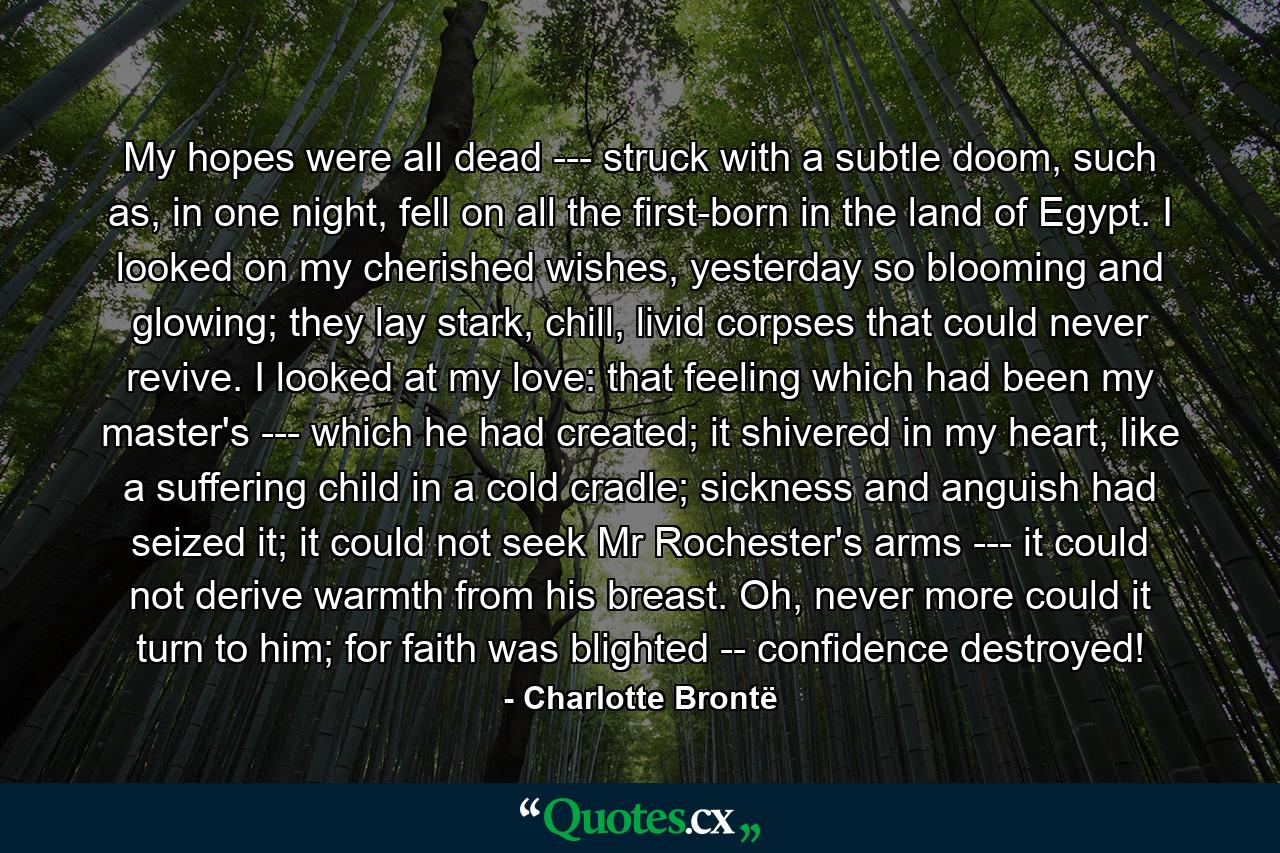 My hopes were all dead --- struck with a subtle doom, such as, in one night, fell on all the first-born in the land of Egypt. I looked on my cherished wishes, yesterday so blooming and glowing; they lay stark, chill, livid corpses that could never revive. I looked at my love: that feeling which had been my master's --- which he had created; it shivered in my heart, like a suffering child in a cold cradle; sickness and anguish had seized it; it could not seek Mr Rochester's arms --- it could not derive warmth from his breast. Oh, never more could it turn to him; for faith was blighted -- confidence destroyed! - Quote by Charlotte Brontë