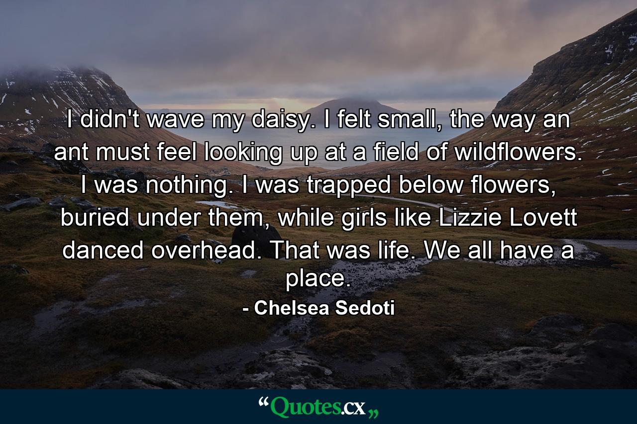 I didn't wave my daisy. I felt small, the way an ant must feel looking up at a field of wildflowers. I was nothing. I was trapped below flowers, buried under them, while girls like Lizzie Lovett danced overhead. That was life. We all have a place. - Quote by Chelsea Sedoti