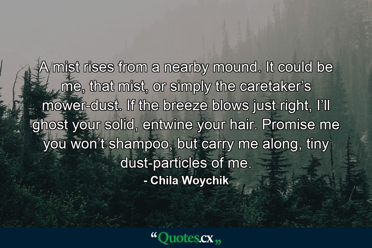 A mist rises from a nearby mound. It could be me, that mist, or simply the caretaker’s mower-dust. If the breeze blows just right, I’ll ghost your solid, entwine your hair. Promise me you won’t shampoo, but carry me along, tiny dust-particles of me. - Quote by Chila Woychik