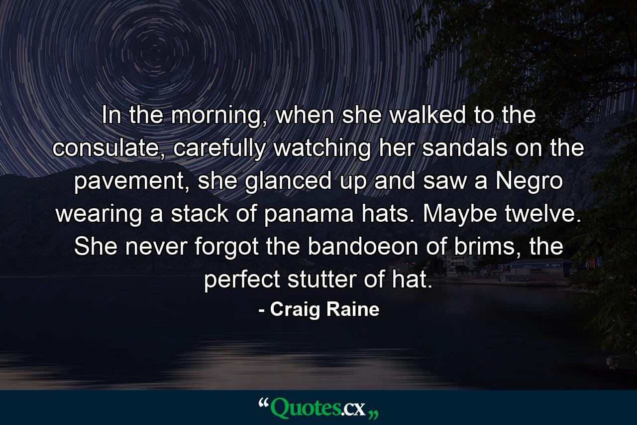 In the morning, when she walked to the consulate, carefully watching her sandals on the pavement, she glanced up and saw a Negro wearing a stack of panama hats. Maybe twelve. She never forgot the bandoeon of brims, the perfect stutter of hat. - Quote by Craig Raine