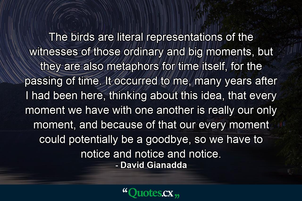 The birds are literal representations of the witnesses of those ordinary and big moments, but they are also metaphors for time itself, for the passing of time. It occurred to me, many years after I had been here, thinking about this idea, that every moment we have with one another is really our only moment, and because of that our every moment could potentially be a goodbye, so we have to notice and notice and notice. - Quote by David Gianadda