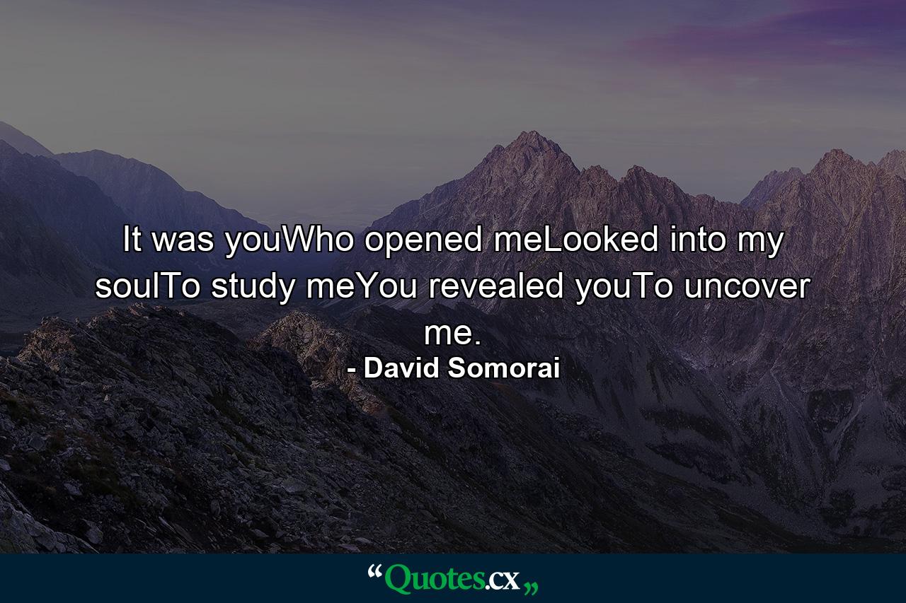 It was youWho opened meLooked into my soulTo study meYou revealed youTo uncover me. - Quote by David Somorai