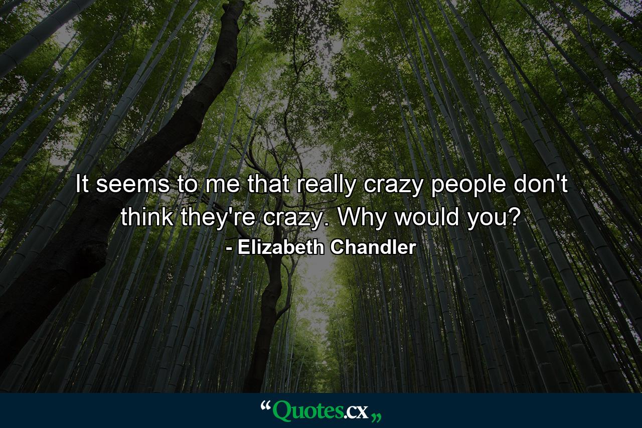 It seems to me that really crazy people don't think they're crazy. Why would you? - Quote by Elizabeth Chandler