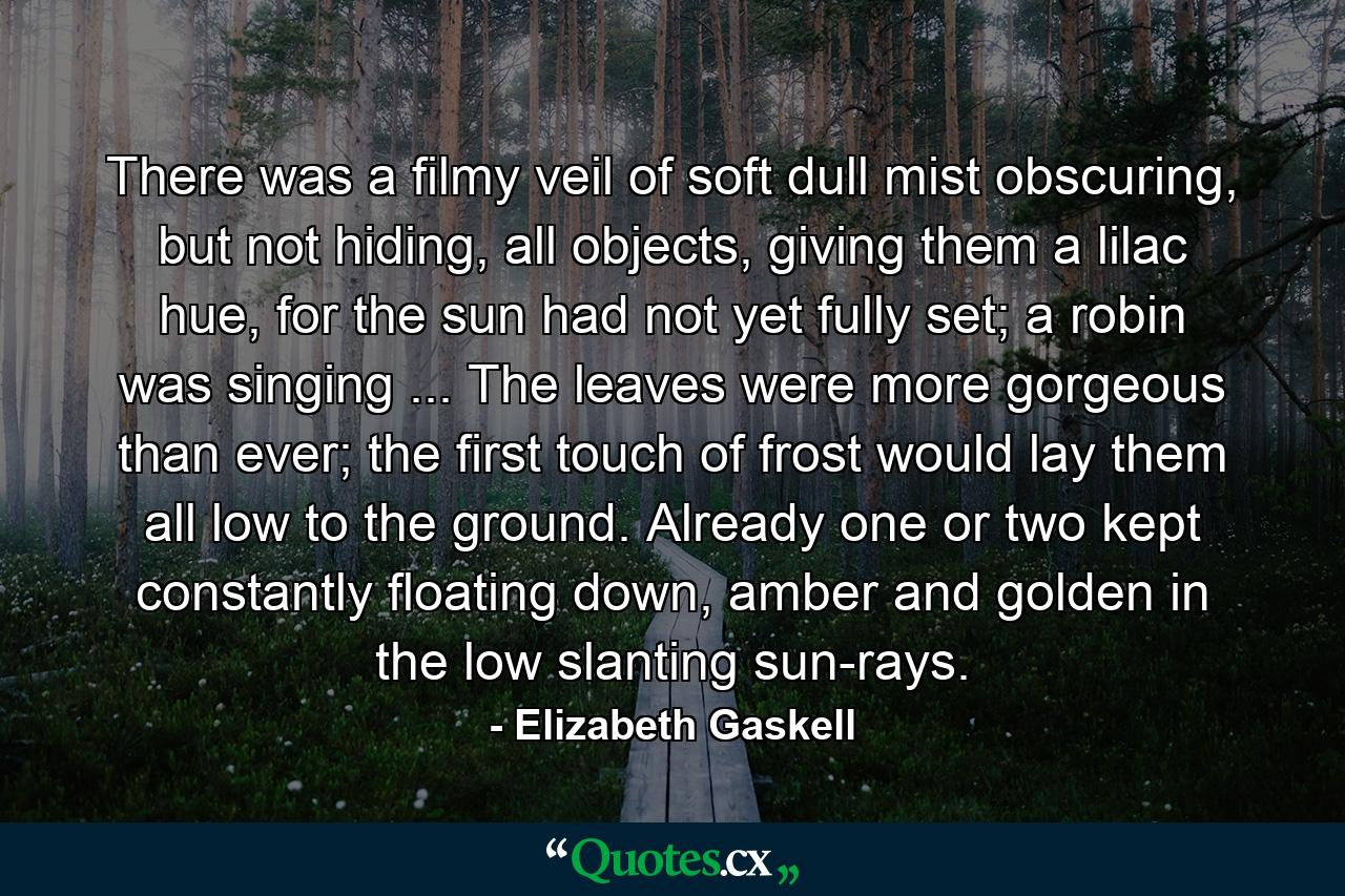 There was a filmy veil of soft dull mist obscuring, but not hiding, all objects, giving them a lilac hue, for the sun had not yet fully set; a robin was singing ... The leaves were more gorgeous than ever; the first touch of frost would lay them all low to the ground. Already one or two kept constantly floating down, amber and golden in the low slanting sun-rays. - Quote by Elizabeth Gaskell