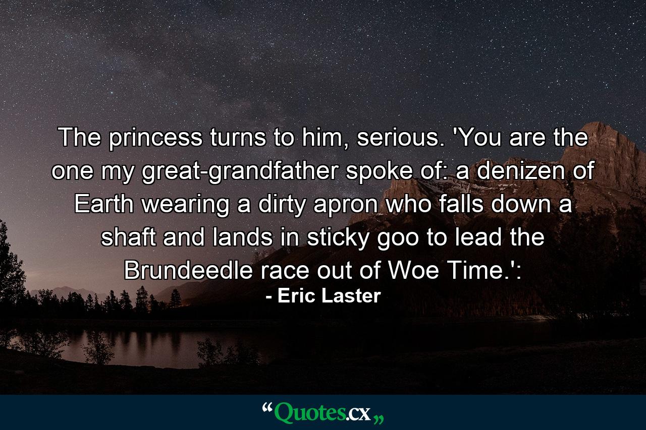 The princess turns to him, serious. 'You are the one my great-grandfather spoke of: a denizen of Earth wearing a dirty apron who falls down a shaft and lands in sticky goo to lead the Brundeedle race out of Woe Time.': - Quote by Eric Laster