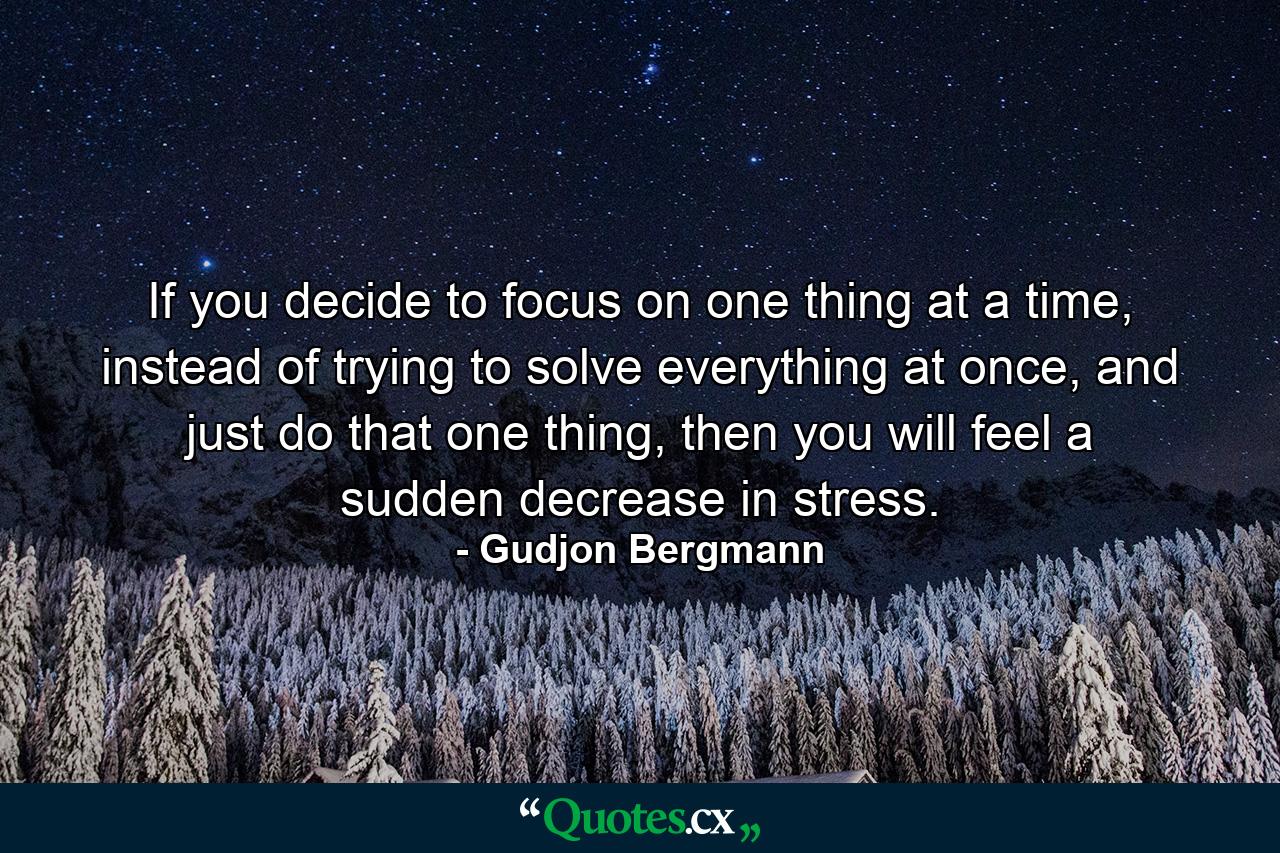 If you decide to focus on one thing at a time, instead of trying to solve everything at once, and just do that one thing, then you will feel a sudden decrease in stress. - Quote by Gudjon Bergmann