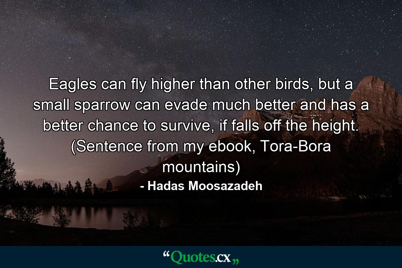 Eagles can fly higher than other birds, but a small sparrow can evade much better and has a better chance to survive, if falls off the height. (Sentence from my ebook, Tora-Bora mountains) - Quote by Hadas Moosazadeh