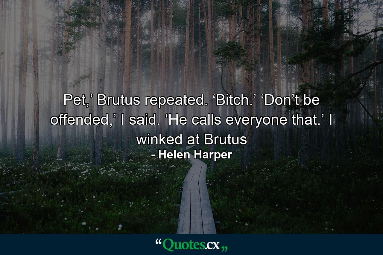 Pet,’ Brutus repeated. ‘Bitch.’ ‘Don’t be offended,’ I said. ‘He calls everyone that.’ I winked at Brutus - Quote by Helen Harper