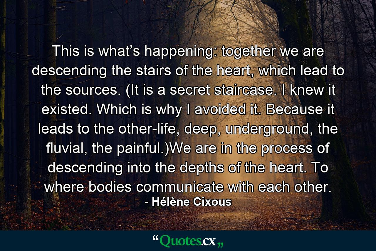 This is what’s happening: together we are descending the stairs of the heart, which lead to the sources. (It is a secret staircase. I knew it existed. Which is why I avoided it. Because it leads to the other-life, deep, underground, the fluvial, the painful.)We are in the process of descending into the depths of the heart. To where bodies communicate with each other. - Quote by Hélène Cixous