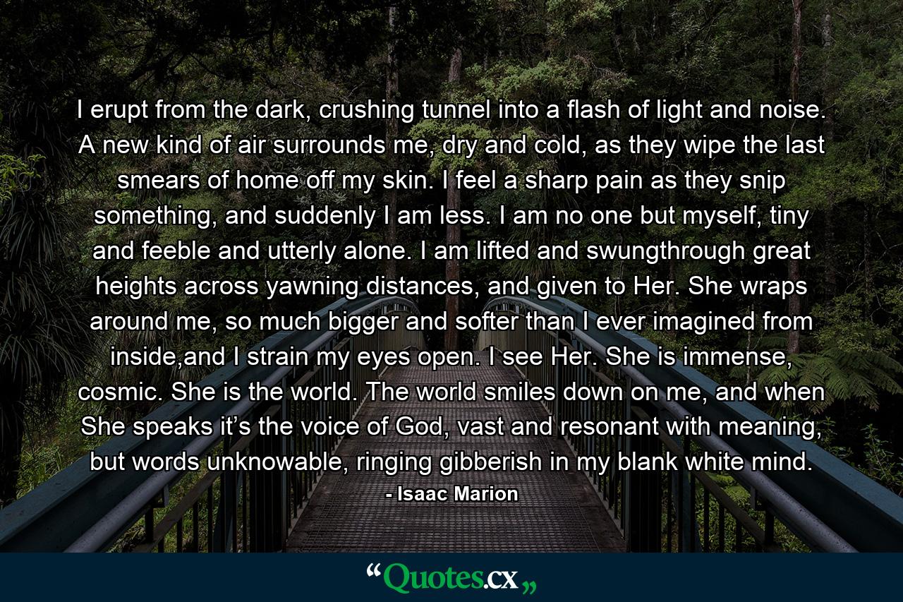 I erupt from the dark, crushing tunnel into a flash of light and noise. A new kind of air surrounds me, dry and cold, as they wipe the last smears of home off my skin. I feel a sharp pain as they snip something, and suddenly I am less. I am no one but myself, tiny and feeble and utterly alone. I am lifted and swungthrough great heights across yawning distances, and given to Her. She wraps around me, so much bigger and softer than I ever imagined from inside,and I strain my eyes open. I see Her. She is immense, cosmic. She is the world. The world smiles down on me, and when She speaks it’s the voice of God, vast and resonant with meaning, but words unknowable, ringing gibberish in my blank white mind. - Quote by Isaac Marion