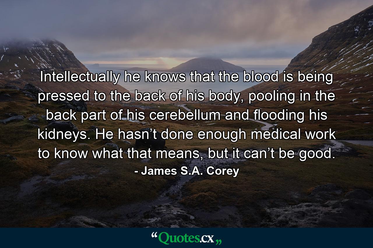 Intellectually he knows that the blood is being pressed to the back of his body, pooling in the back part of his cerebellum and flooding his kidneys. He hasn’t done enough medical work to know what that means, but it can’t be good. - Quote by James S.A. Corey