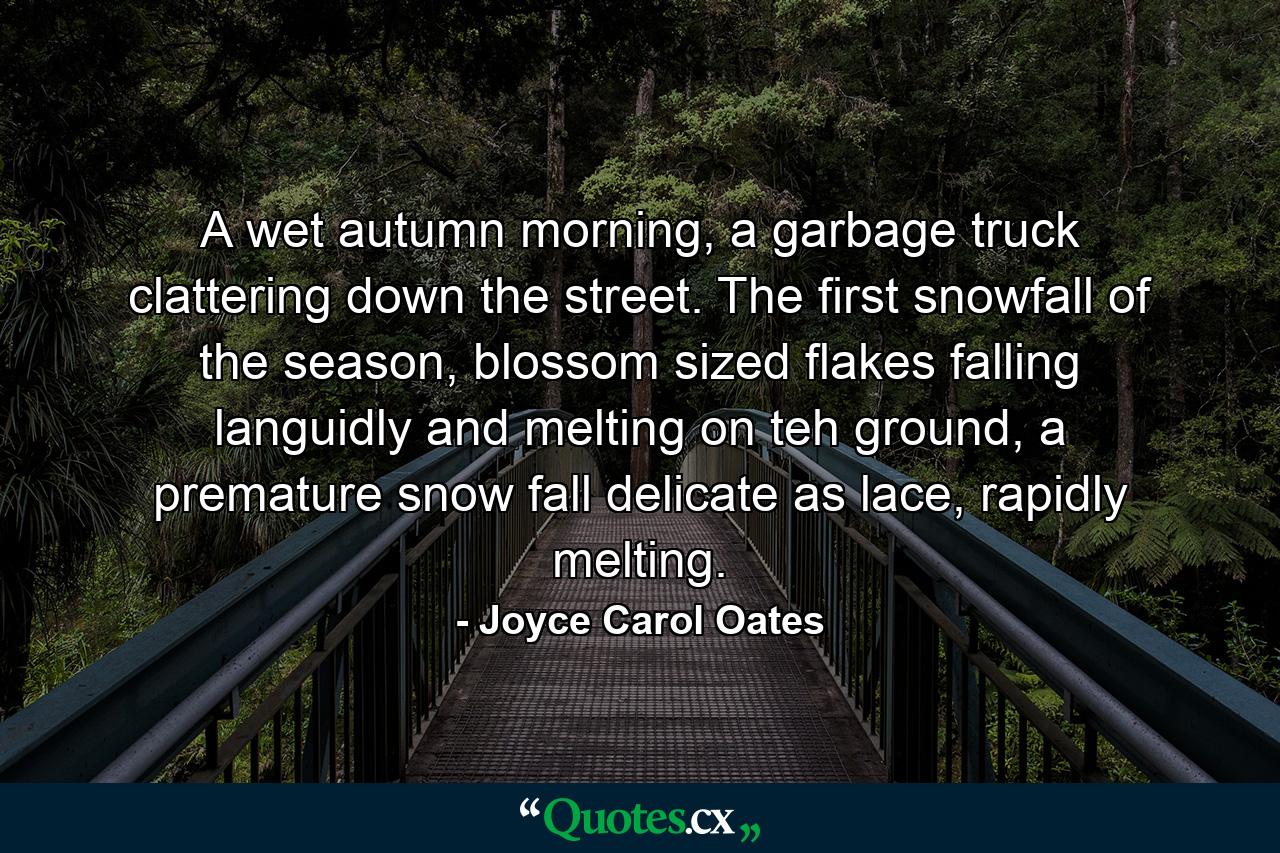 A wet autumn morning, a garbage truck clattering down the street. The first snowfall of the season, blossom sized flakes falling languidly and melting on teh ground, a premature snow fall delicate as lace, rapidly melting. - Quote by Joyce Carol Oates