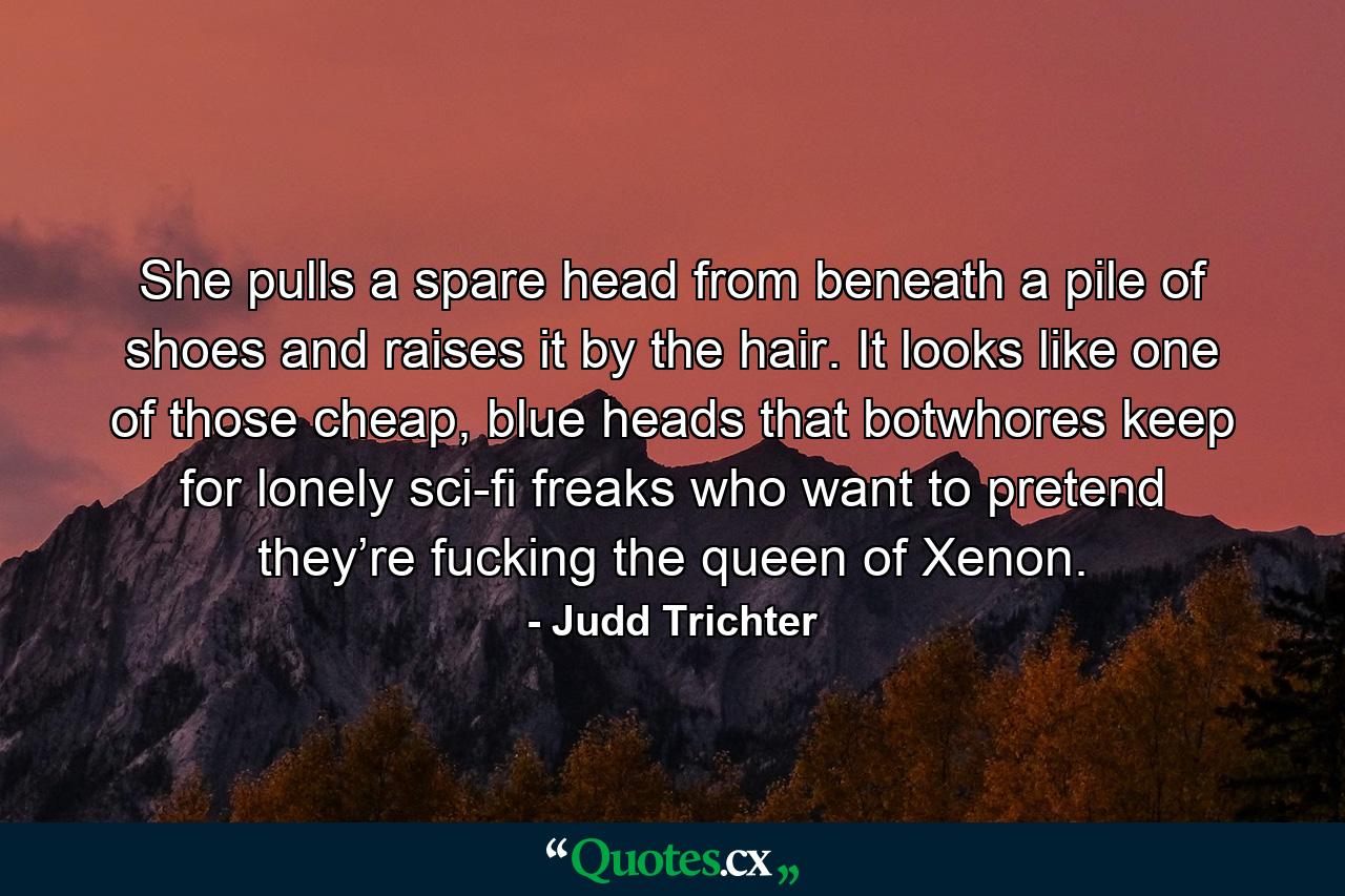 She pulls a spare head from beneath a pile of shoes and raises it by the hair. It looks like one of those cheap, blue heads that botwhores keep for lonely sci-fi freaks who want to pretend they’re fucking the queen of Xenon. - Quote by Judd Trichter