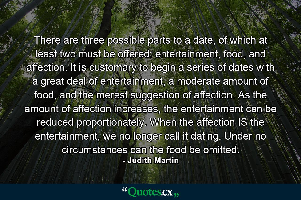 There are three possible parts to a date, of which at least two must be offered: entertainment, food, and affection. It is customary to begin a series of dates with a great deal of entertainment, a moderate amount of food, and the merest suggestion of affection. As the amount of affection increases, the entertainment can be reduced proportionately. When the affection IS the entertainment, we no longer call it dating. Under no circumstances can the food be omitted. - Quote by Judith Martin