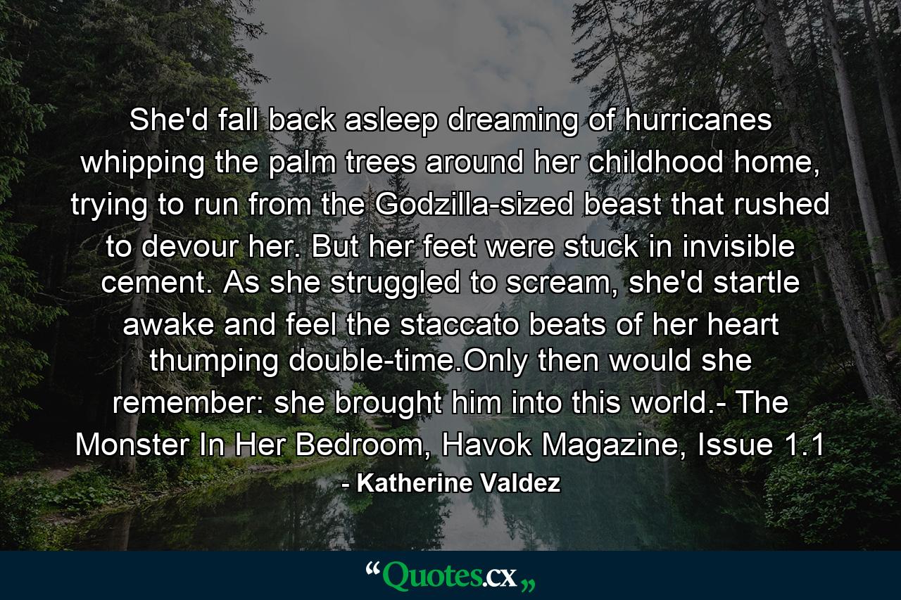 She'd fall back asleep dreaming of hurricanes whipping the palm trees around her childhood home, trying to run from the Godzilla-sized beast that rushed to devour her. But her feet were stuck in invisible cement. As she struggled to scream, she'd startle awake and feel the staccato beats of her heart thumping double-time.Only then would she remember: she brought him into this world.- The Monster In Her Bedroom, Havok Magazine, Issue 1.1 - Quote by Katherine Valdez