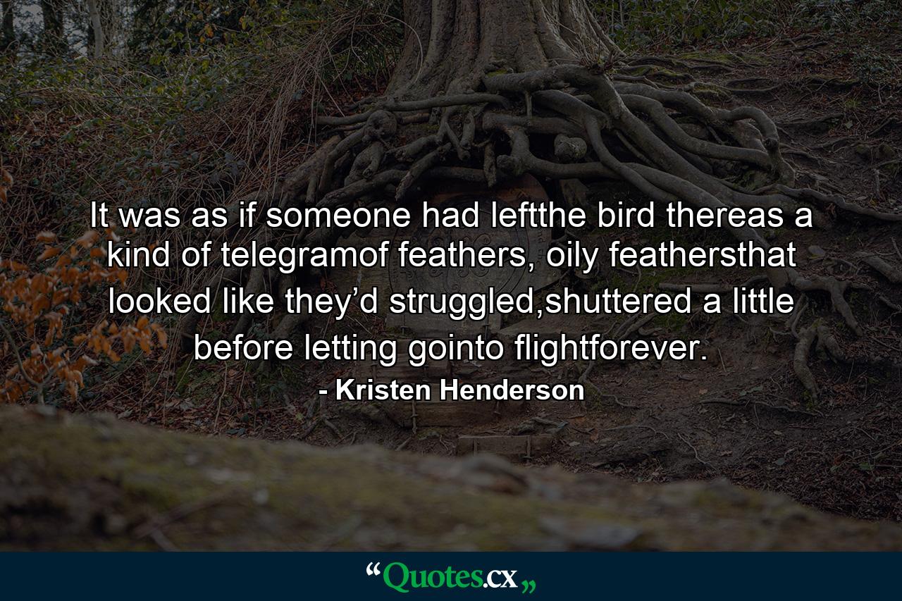 It was as if someone had leftthe bird thereas a kind of telegramof feathers, oily feathersthat looked like they’d struggled,shuttered a little before letting gointo flightforever. - Quote by Kristen Henderson