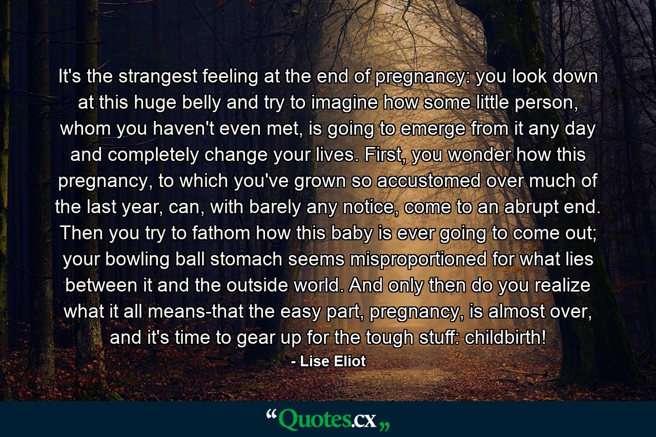 It's the strangest feeling at the end of pregnancy: you look down at this huge belly and try to imagine how some little person, whom you haven't even met, is going to emerge from it any day and completely change your lives. First, you wonder how this pregnancy, to which you've grown so accustomed over much of the last year, can, with barely any notice, come to an abrupt end. Then you try to fathom how this baby is ever going to come out; your bowling ball stomach seems misproportioned for what lies between it and the outside world. And only then do you realize what it all means-that the easy part, pregnancy, is almost over, and it's time to gear up for the tough stuff: childbirth! - Quote by Lise Eliot