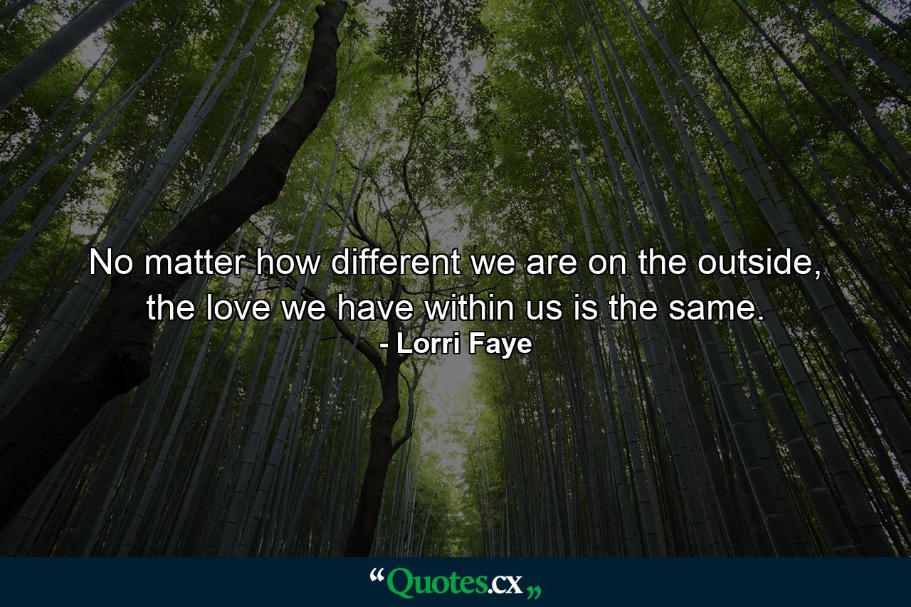 No matter how different we are on the outside, the love we have within us is the same. - Quote by Lorri Faye