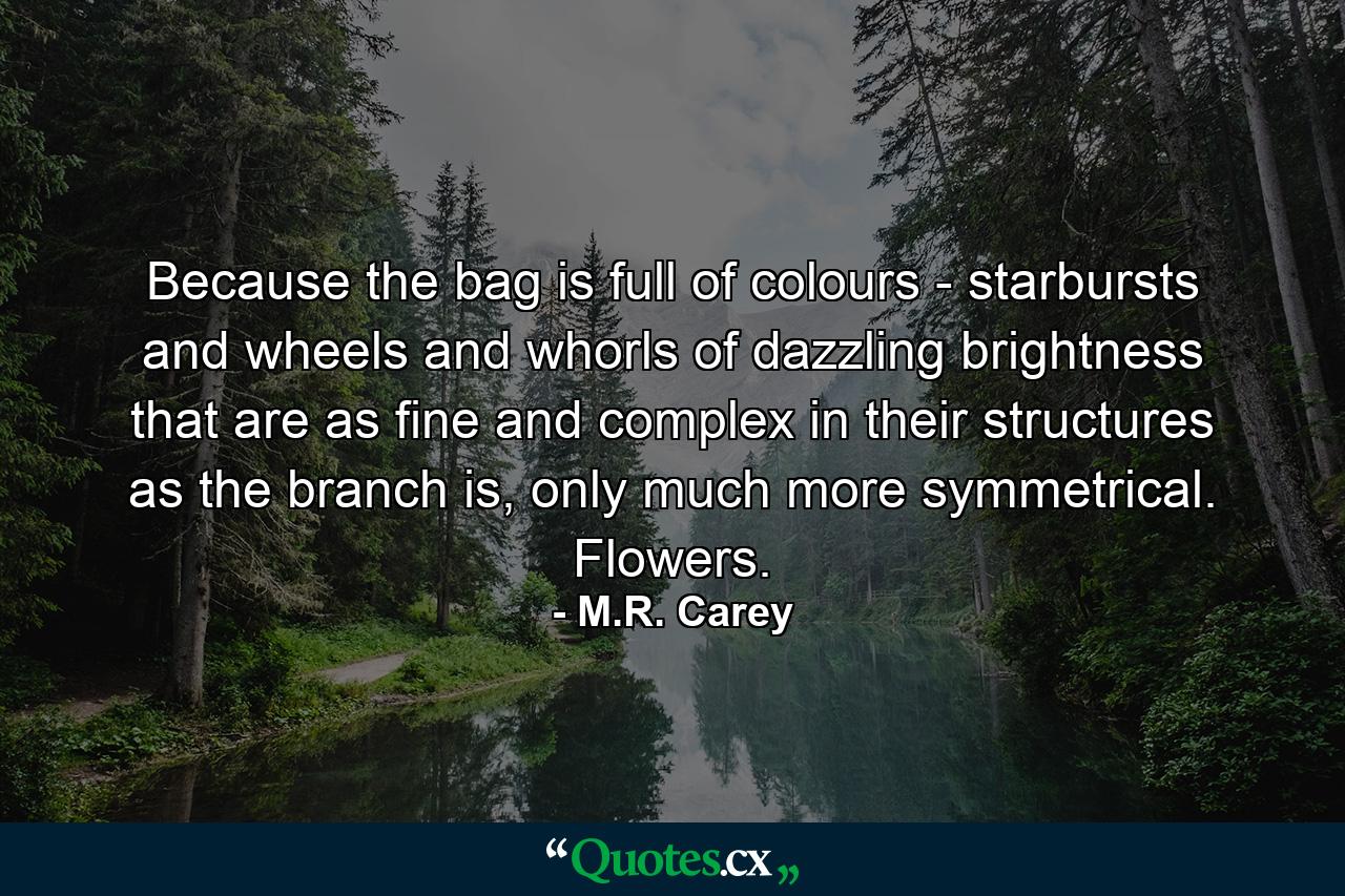 Because the bag is full of colours - starbursts and wheels and whorls of dazzling brightness that are as fine and complex in their structures as the branch is, only much more symmetrical. Flowers. - Quote by M.R. Carey