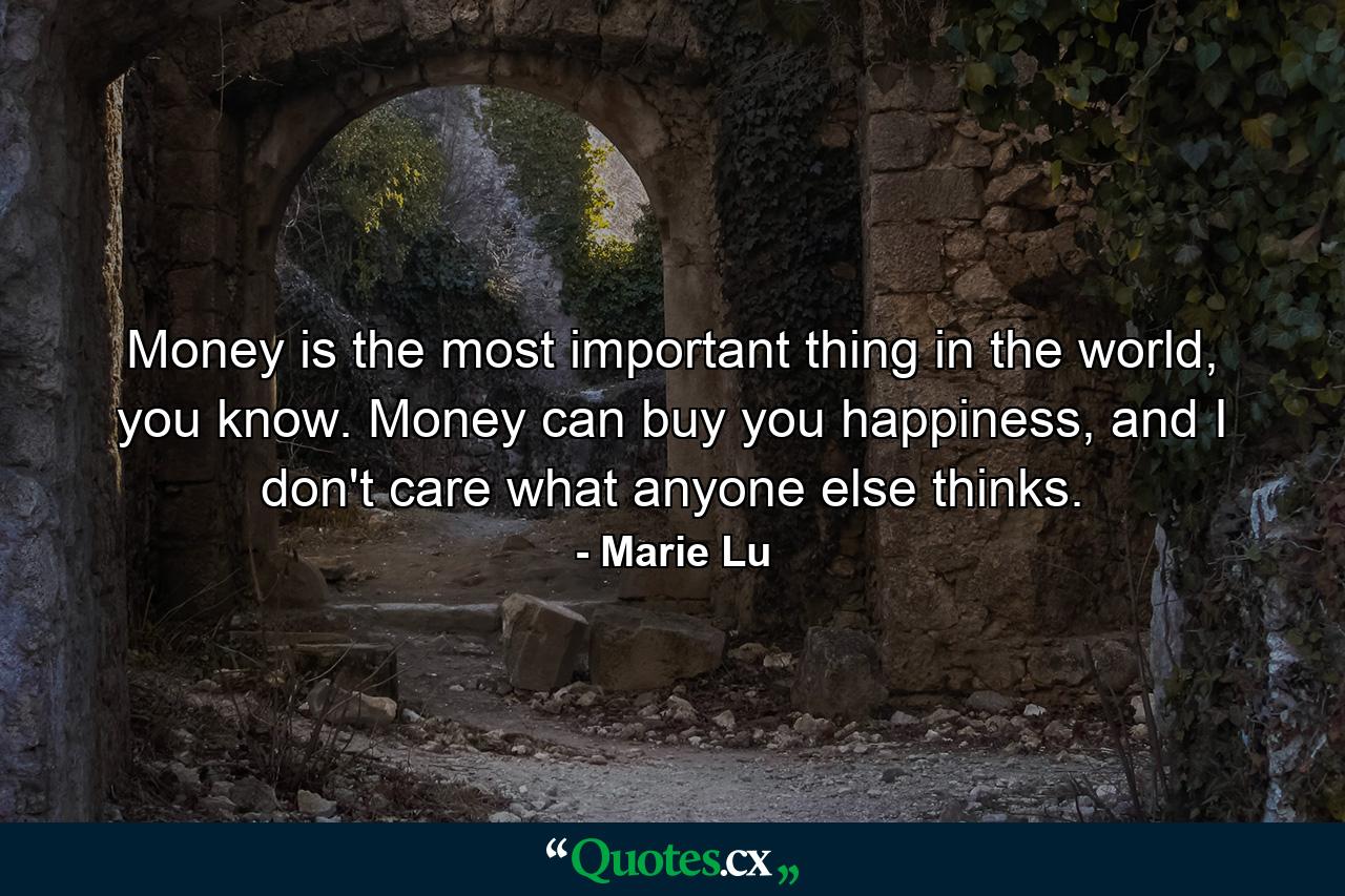 Money is the most important thing in the world, you know. Money can buy you happiness, and I don't care what anyone else thinks. - Quote by Marie Lu