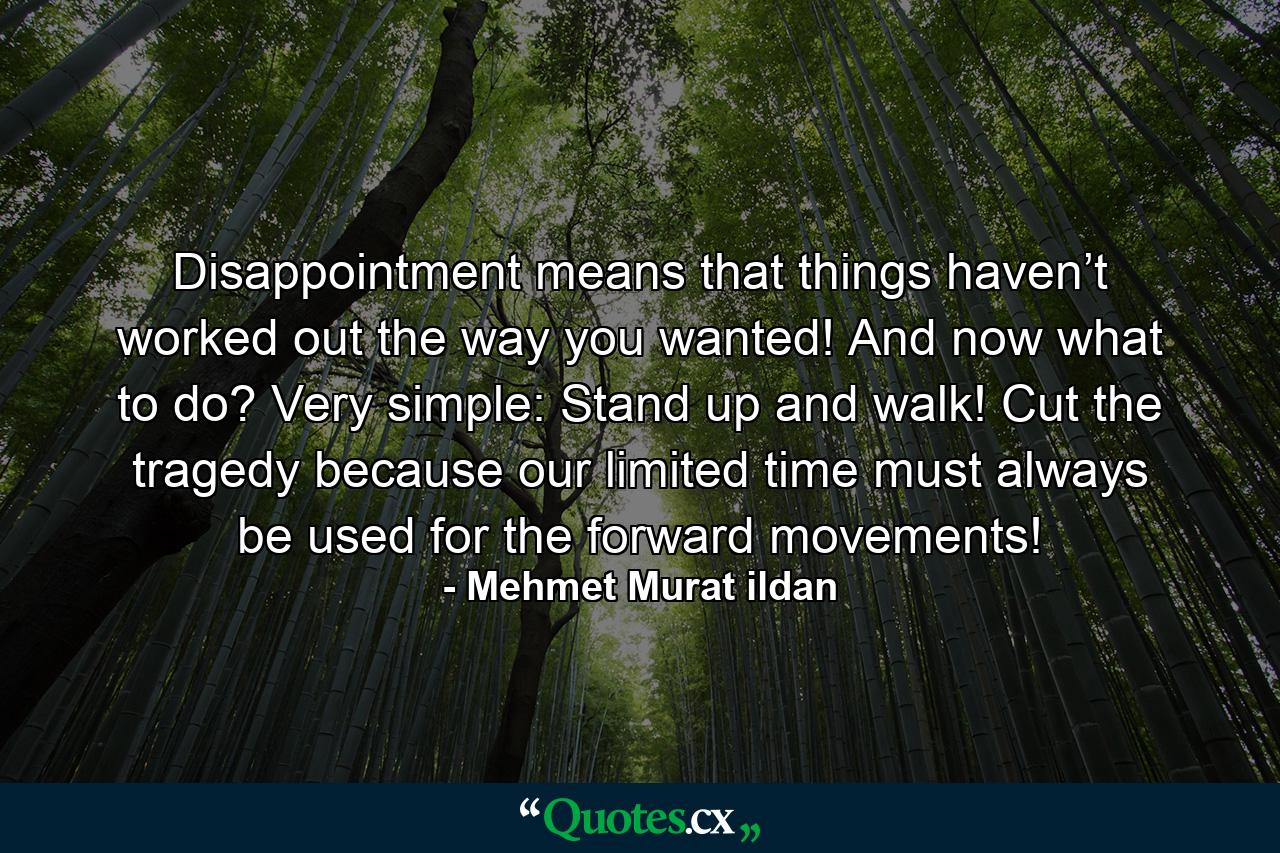 Disappointment means that things haven’t worked out the way you wanted! And now what to do? Very simple: Stand up and walk! Cut the tragedy because our limited time must always be used for the forward movements! - Quote by Mehmet Murat ildan