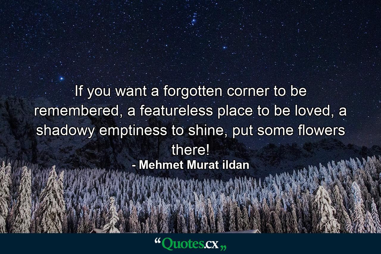 If you want a forgotten corner to be remembered, a featureless place to be loved, a shadowy emptiness to shine, put some flowers there! - Quote by Mehmet Murat ildan