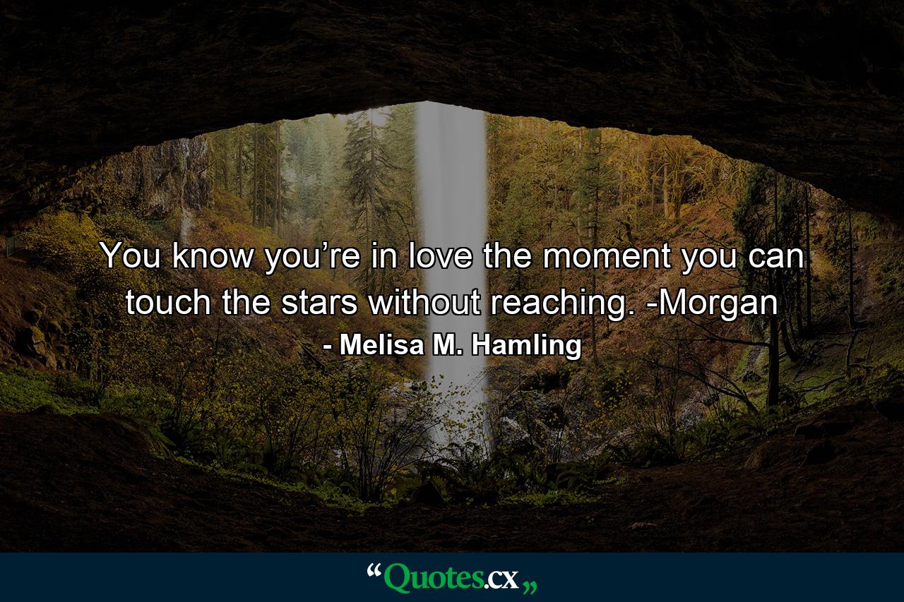 You know you’re in love the moment you can touch the stars without reaching. -Morgan - Quote by Melisa M. Hamling