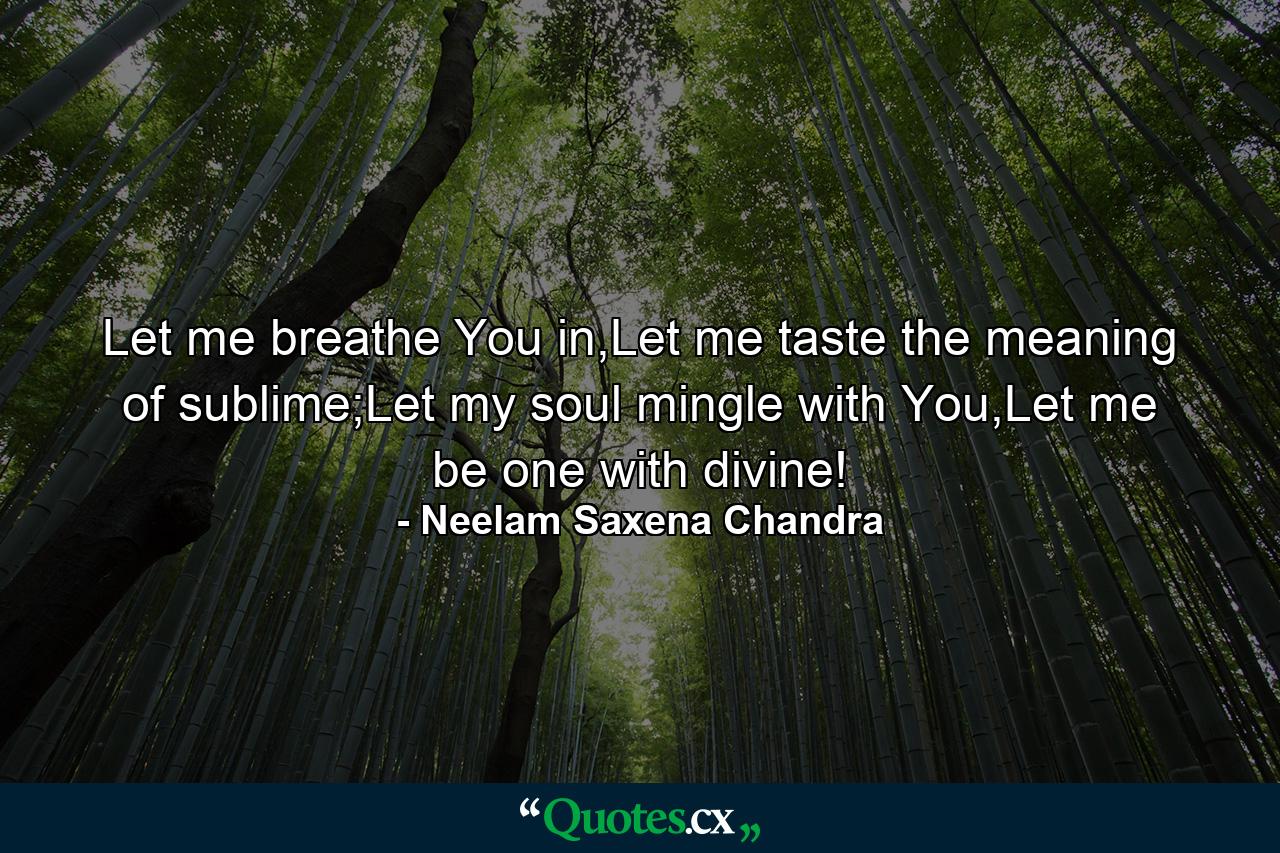 Let me breathe You in,Let me taste the meaning of sublime;Let my soul mingle with You,Let me be one with divine! - Quote by Neelam Saxena Chandra