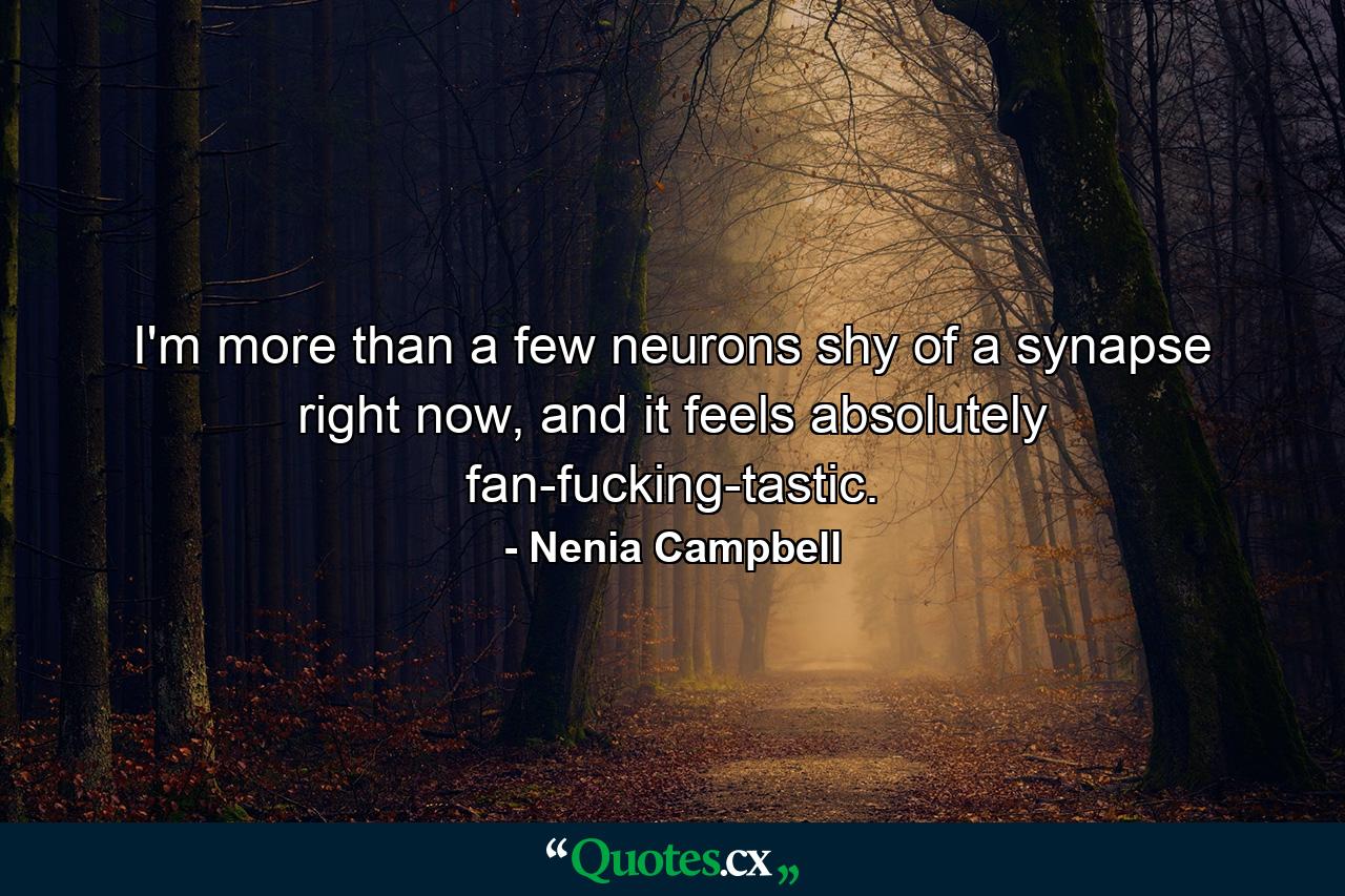 I'm more than a few neurons shy of a synapse right now, and it feels absolutely fan-fucking-tastic. - Quote by Nenia Campbell