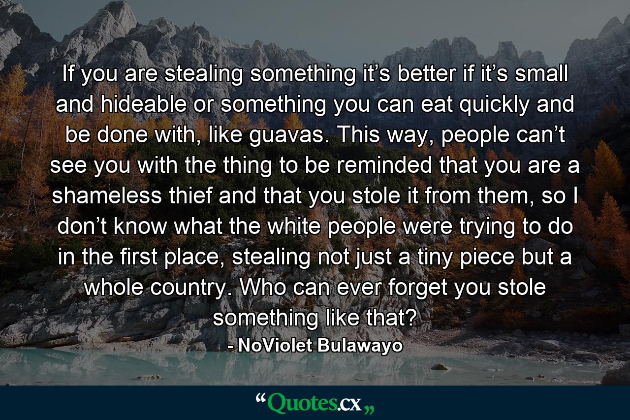 If you are stealing something it’s better if it’s small and hideable or something you can eat quickly and be done with, like guavas. This way, people can’t see you with the thing to be reminded that you are a shameless thief and that you stole it from them, so I don’t know what the white people were trying to do in the first place, stealing not just a tiny piece but a whole country. Who can ever forget you stole something like that? - Quote by NoViolet Bulawayo