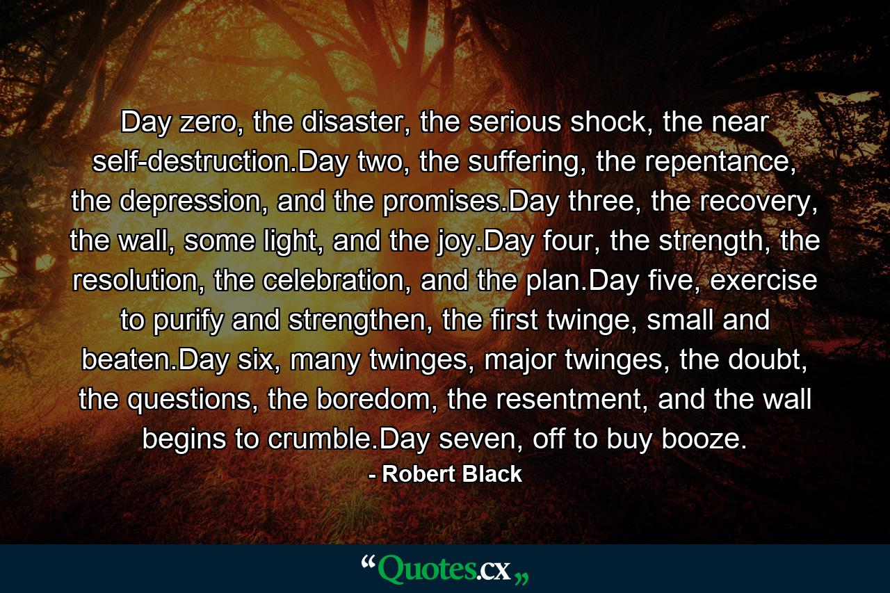 Day zero, the disaster, the serious shock, the near self-destruction.Day two, the suffering, the repentance, the depression, and the promises.Day three, the recovery, the wall, some light, and the joy.Day four, the strength, the resolution, the celebration, and the plan.Day five, exercise to purify and strengthen, the first twinge, small and beaten.Day six, many twinges, major twinges, the doubt, the questions, the boredom, the resentment, and the wall begins to crumble.Day seven, off to buy booze. - Quote by Robert Black