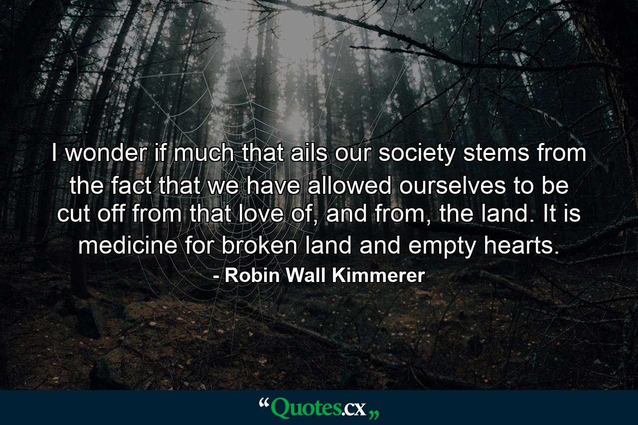 I wonder if much that ails our society stems from the fact that we have allowed ourselves to be cut off from that love of, and from, the land. It is medicine for broken land and empty hearts. - Quote by Robin Wall Kimmerer