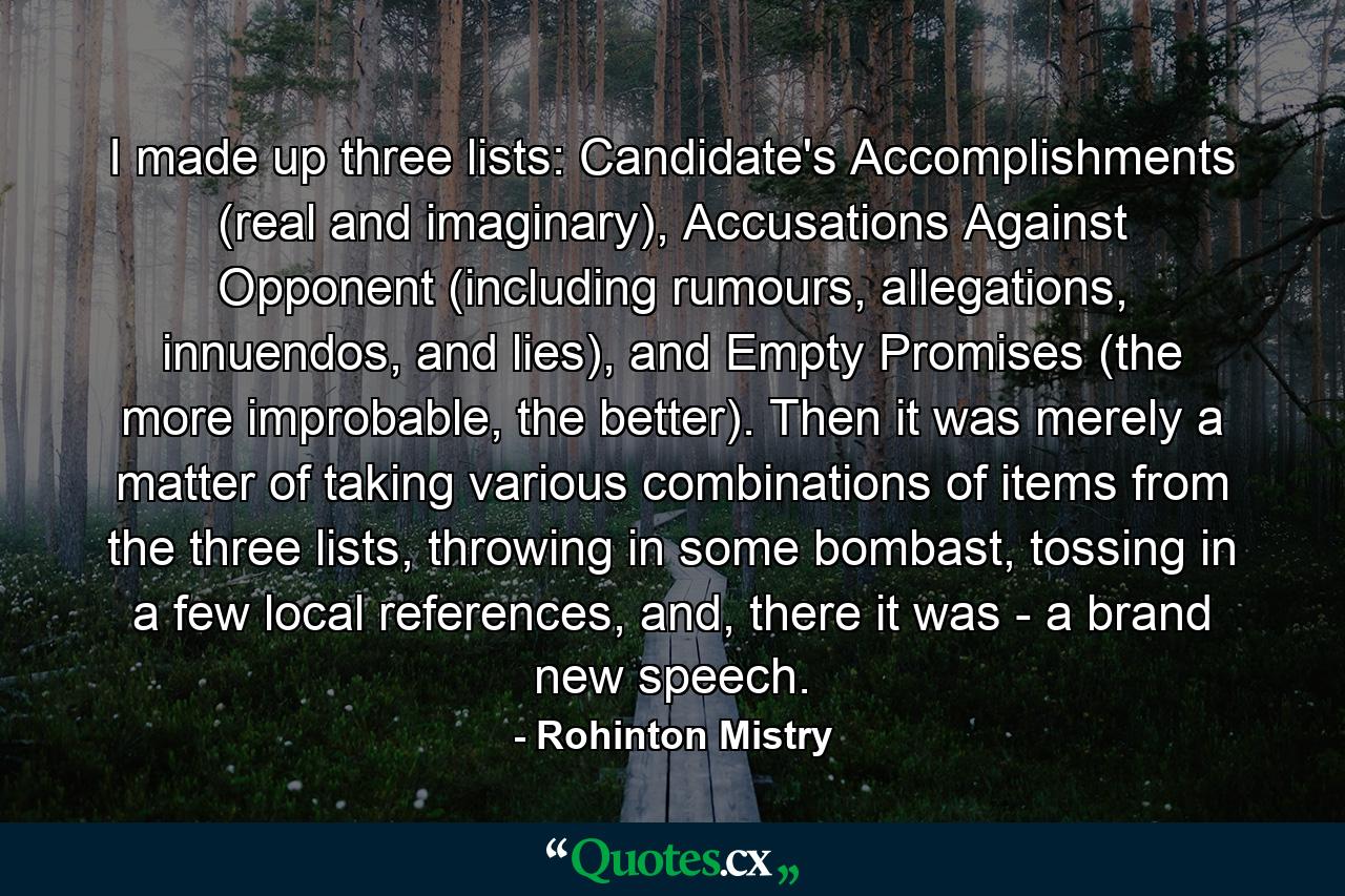 I made up three lists: Candidate's Accomplishments (real and imaginary), Accusations Against Opponent (including rumours, allegations, innuendos, and lies), and Empty Promises (the more improbable, the better). Then it was merely a matter of taking various combinations of items from the three lists, throwing in some bombast, tossing in a few local references, and, there it was - a brand new speech. - Quote by Rohinton Mistry