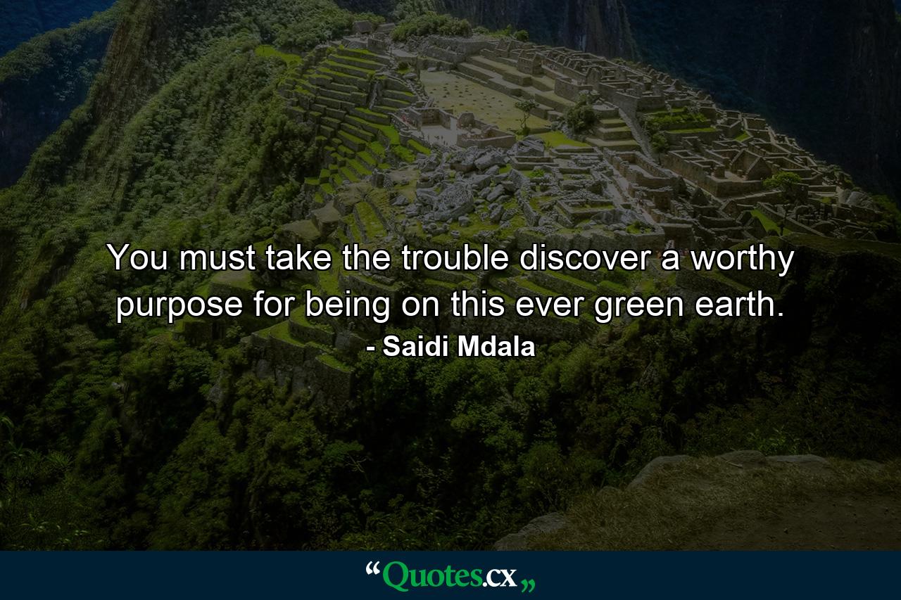 You must take the trouble discover a worthy purpose for being on this ever green earth. - Quote by Saidi Mdala