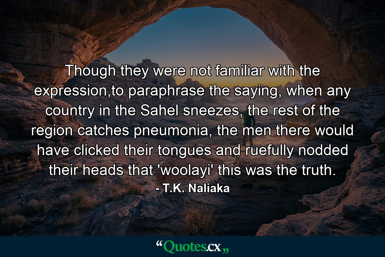 Though they were not familiar with the expression,to paraphrase the saying, when any country in the Sahel sneezes, the rest of the region catches pneumonia, the men there would have clicked their tongues and ruefully nodded their heads that 'woolayi' this was the truth. - Quote by T.K. Naliaka