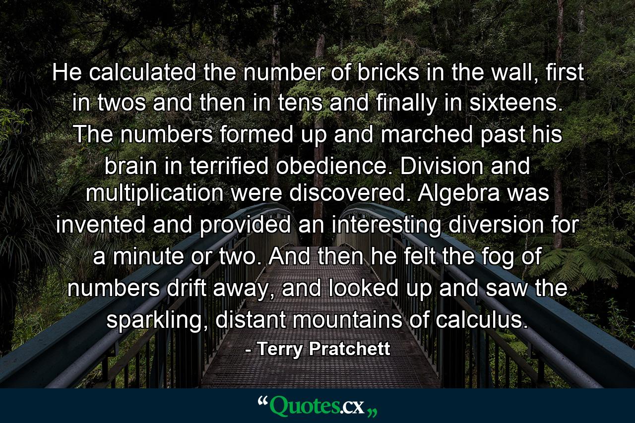 He calculated the number of bricks in the wall, first in twos and then in tens and finally in sixteens. The numbers formed up and marched past his brain in terrified obedience. Division and multiplication were discovered. Algebra was invented and provided an interesting diversion for a minute or two. And then he felt the fog of numbers drift away, and looked up and saw the sparkling, distant mountains of calculus. - Quote by Terry Pratchett