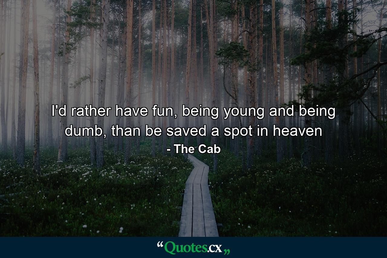 I'd rather have fun, being young and being dumb, than be saved a spot in heaven - Quote by The Cab