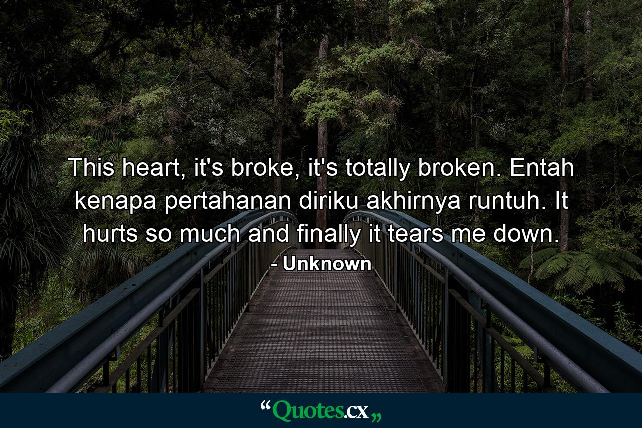 This heart, it's broke, it's totally broken. Entah kenapa pertahanan diriku akhirnya runtuh. It hurts so much and finally it tears me down. - Quote by Unknown