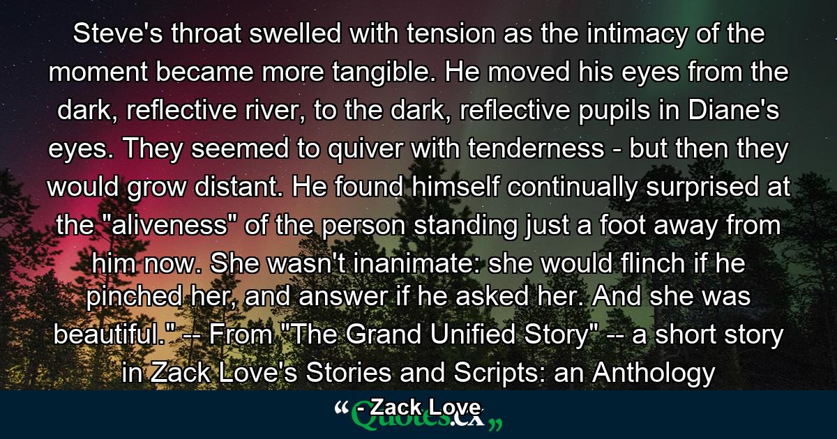 Steve's throat swelled with tension as the intimacy of the moment became more tangible. He moved his eyes from the dark, reflective river, to the dark, reflective pupils in Diane's eyes. They seemed to quiver with tenderness - but then they would grow distant. He found himself continually surprised at the 