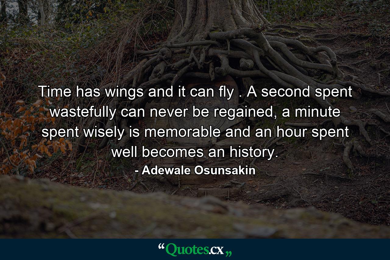 Time has wings and it can fly . A second spent wastefully can never be regained, a minute spent wisely is memorable and an hour spent well becomes an history. - Quote by Adewale Osunsakin