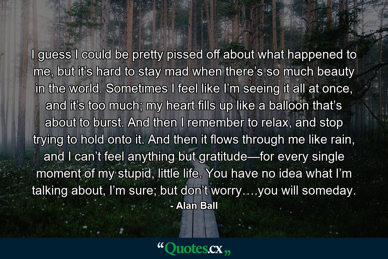 I guess I could be pretty pissed off about what happened to me, but it’s hard to stay mad when there’s so much beauty in the world. Sometimes I feel like I’m seeing it all at once, and it’s too much; my heart fills up like a balloon that’s about to burst. And then I remember to relax, and stop trying to hold onto it. And then it flows through me like rain, and I can’t feel anything but gratitude—for every single moment of my stupid, little life. You have no idea what I’m talking about, I’m sure; but don’t worry….you will someday. - Quote by Alan Ball