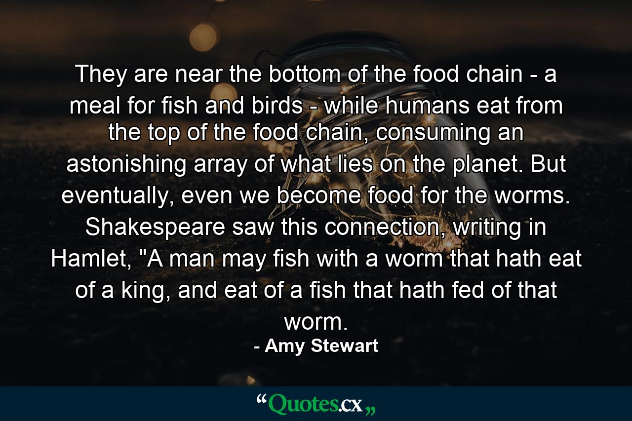 They are near the bottom of the food chain - a meal for fish and birds - while humans eat from the top of the food chain, consuming an astonishing array of what lies on the planet. But eventually, even we become food for the worms. Shakespeare saw this connection, writing in Hamlet, 