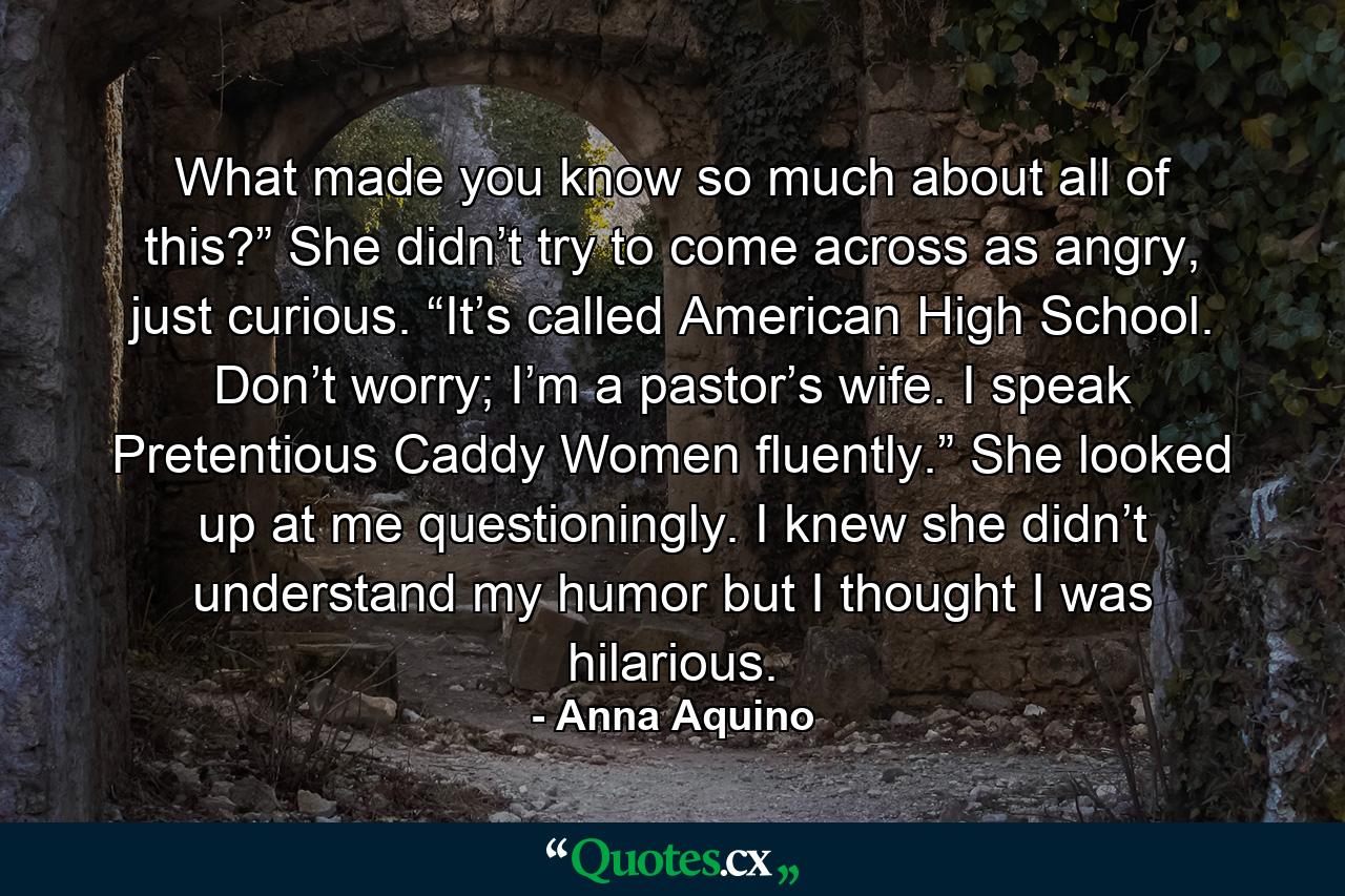 What made you know so much about all of this?” She didn’t try to come across as angry, just curious. “It’s called American High School. Don’t worry; I’m a pastor’s wife. I speak Pretentious Caddy Women fluently.” She looked up at me questioningly. I knew she didn’t understand my humor but I thought I was hilarious. - Quote by Anna Aquino