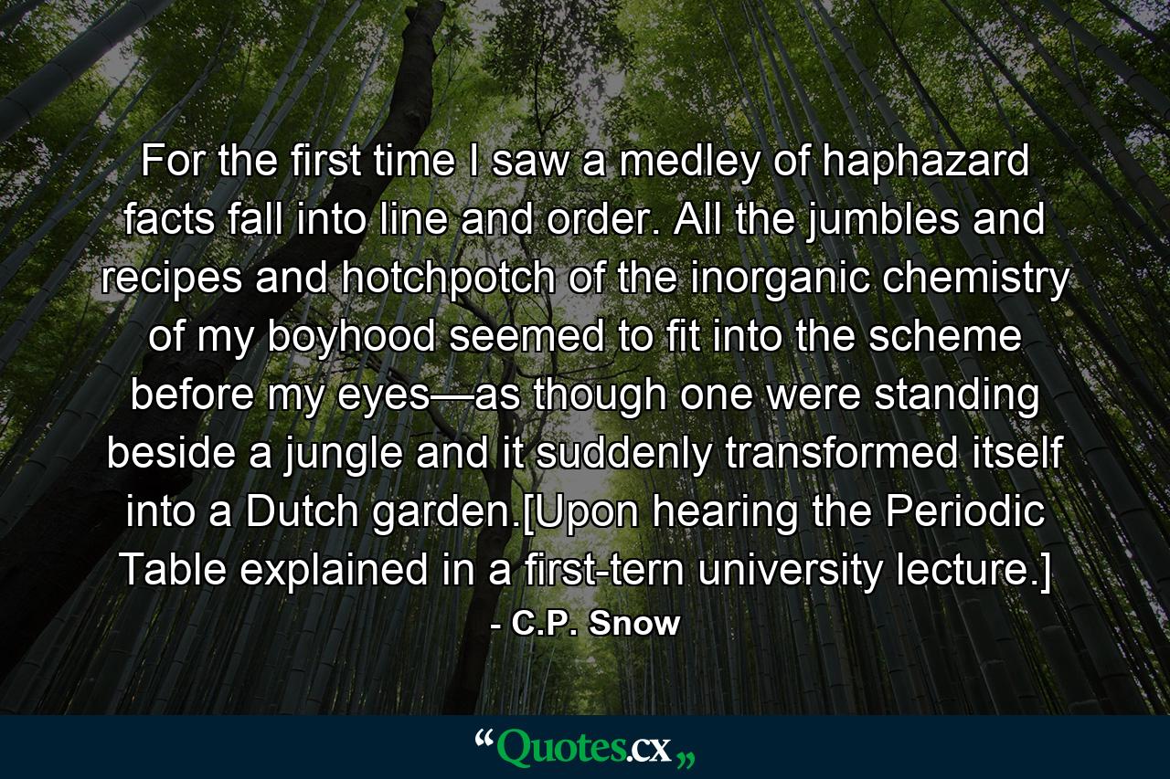 For the first time I saw a medley of haphazard facts fall into line and order. All the jumbles and recipes and hotchpotch of the inorganic chemistry of my boyhood seemed to fit into the scheme before my eyes—as though one were standing beside a jungle and it suddenly transformed itself into a Dutch garden.[Upon hearing the Periodic Table explained in a first-tern university lecture.] - Quote by C.P. Snow