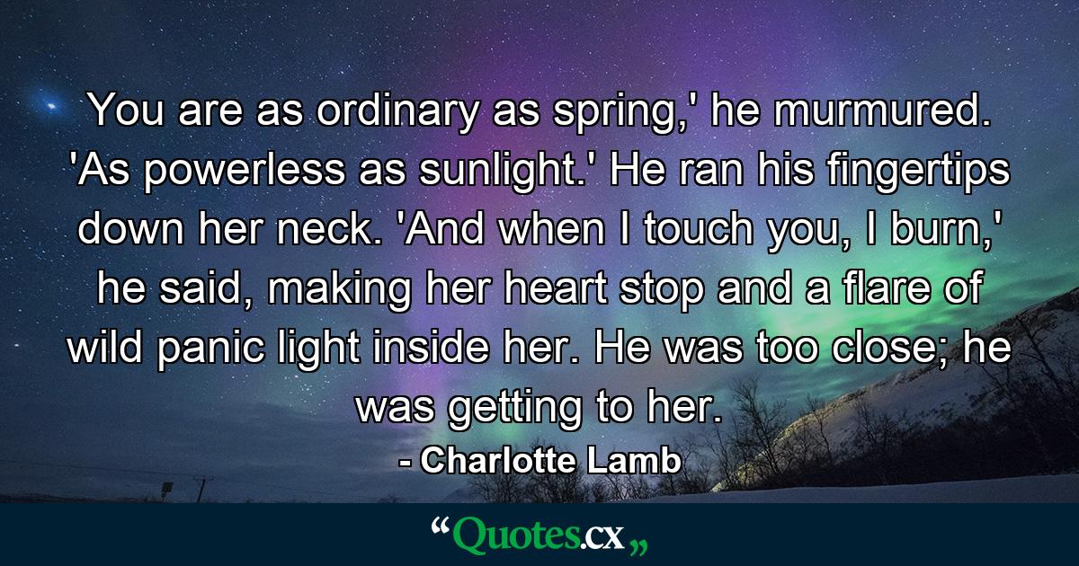 You are as ordinary as spring,' he murmured. 'As powerless as sunlight.' He ran his fingertips down her neck. 'And when I touch you, I burn,' he said, making her heart stop and a flare of wild panic light inside her. He was too close; he was getting to her. - Quote by Charlotte Lamb