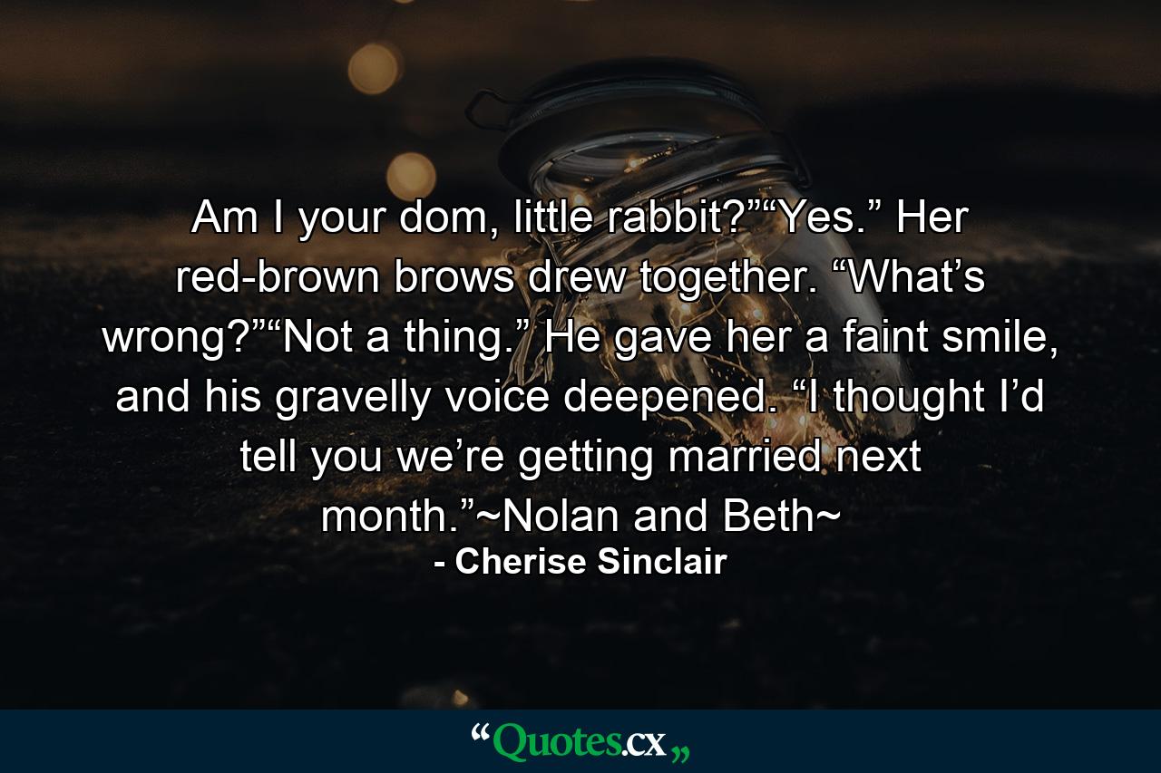 Am I your dom, little rabbit?”“Yes.” Her red-brown brows drew together. “What’s wrong?”“Not a thing.” He gave her a faint smile, and his gravelly voice deepened. “I thought I’d tell you we’re getting married next month.”~Nolan and Beth~ - Quote by Cherise Sinclair