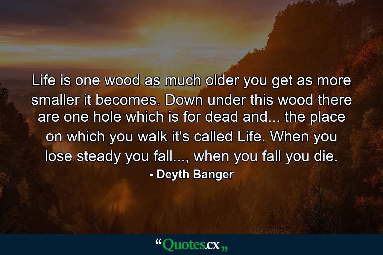 Life is one wood as much older you get as more smaller it becomes. Down under this wood there are one hole which is for dead and... the place on which you walk it's called Life. When you lose steady you fall..., when you fall you die. - Quote by Deyth Banger