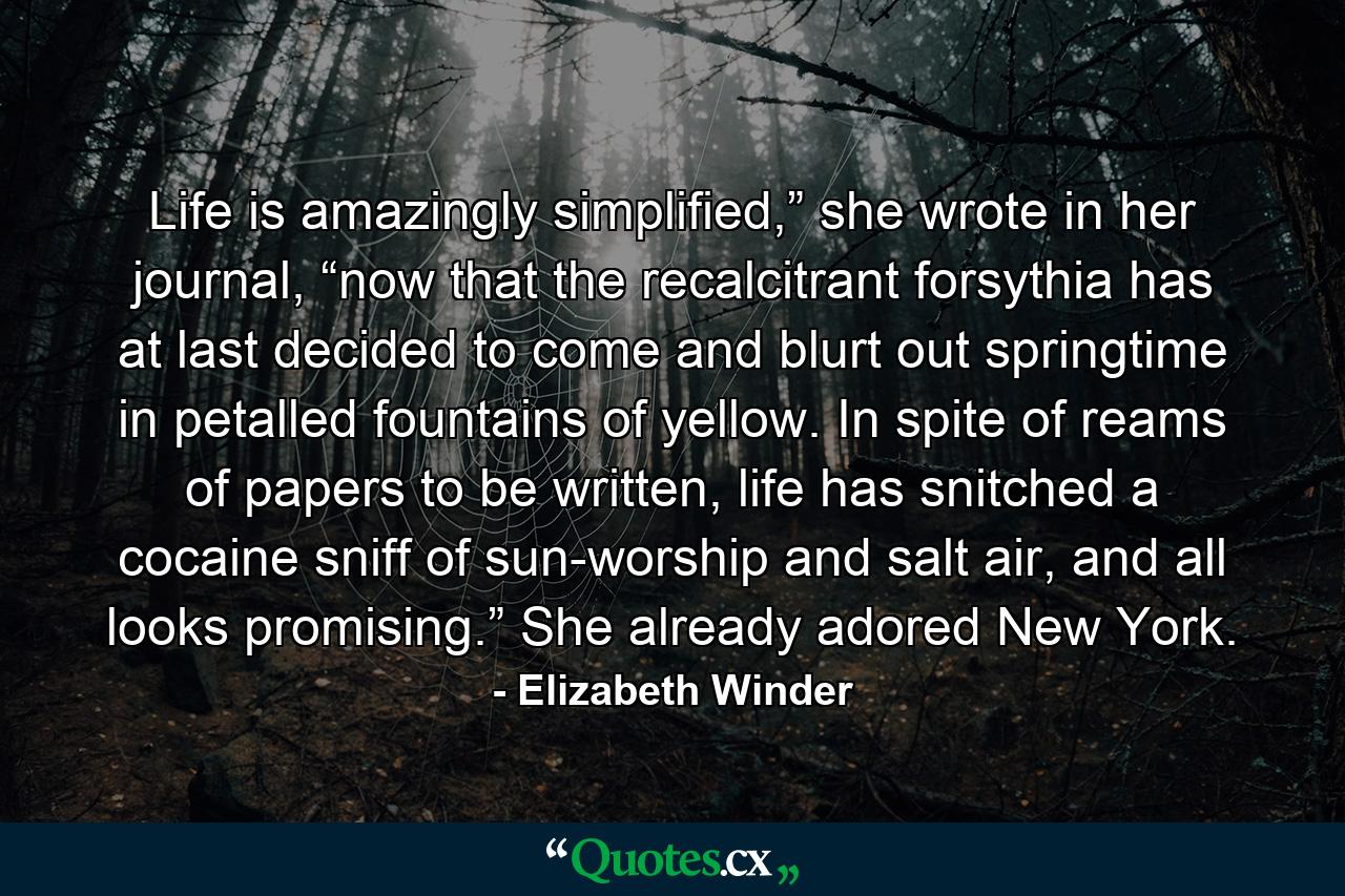 Life is amazingly simplified,” she wrote in her journal, “now that the recalcitrant forsythia has at last decided to come and blurt out springtime in petalled fountains of yellow. In spite of reams of papers to be written, life has snitched a cocaine sniff of sun-worship and salt air, and all looks promising.” She already adored New York. - Quote by Elizabeth Winder