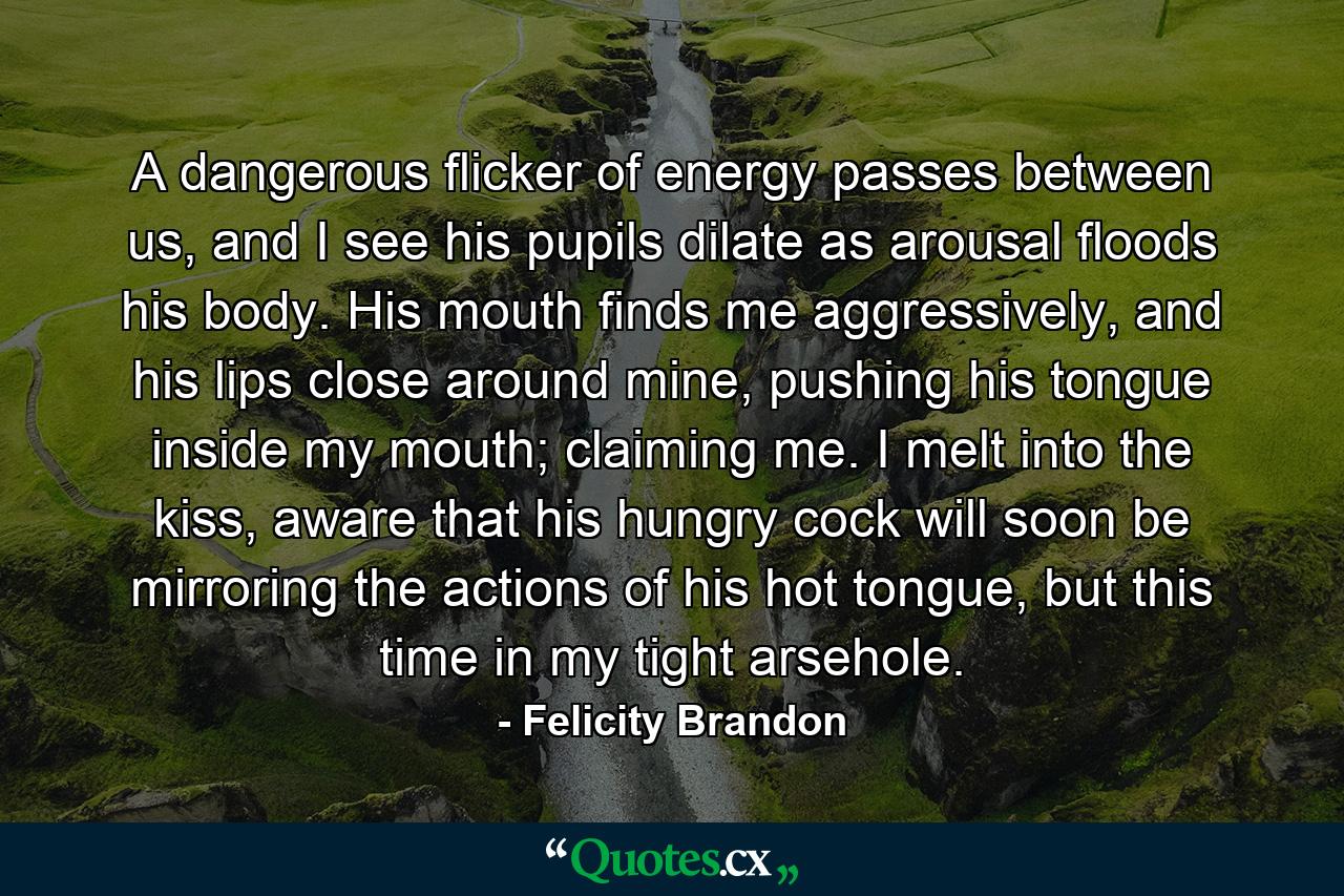 A dangerous flicker of energy passes between us, and I see his pupils dilate as arousal floods his body. His mouth finds me aggressively, and his lips close around mine, pushing his tongue inside my mouth; claiming me. I melt into the kiss, aware that his hungry cock will soon be mirroring the actions of his hot tongue, but this time in my tight arsehole. - Quote by Felicity Brandon